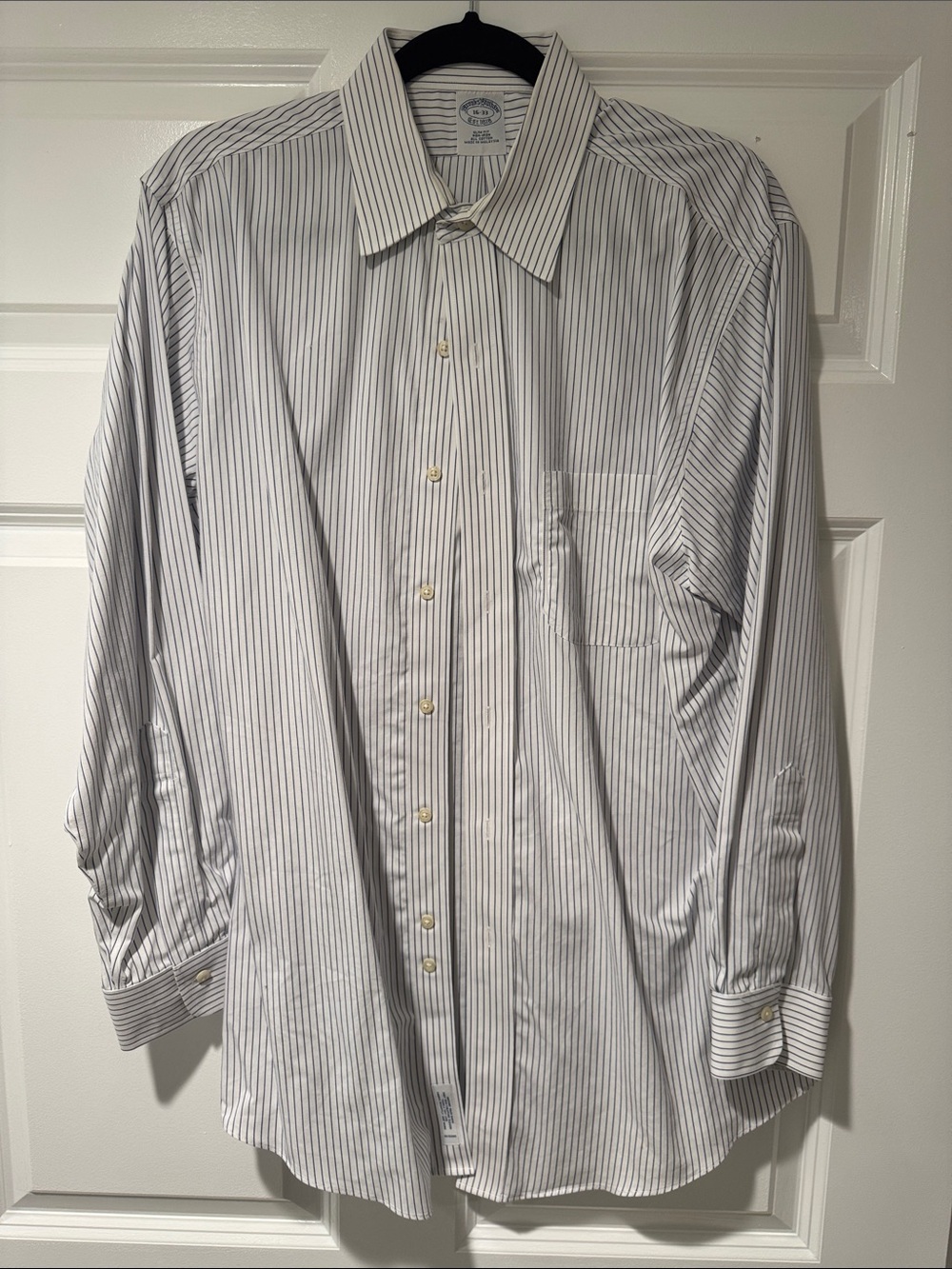 Brooks Brothers White Dress Shirt with Thin Blue Stripes